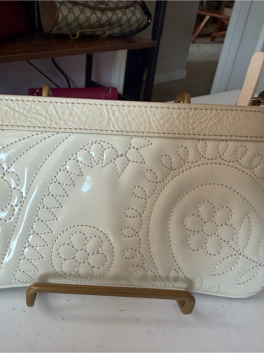 kate spade Cream Embroidered Floral Patent Leather Wristlet with Red Interior